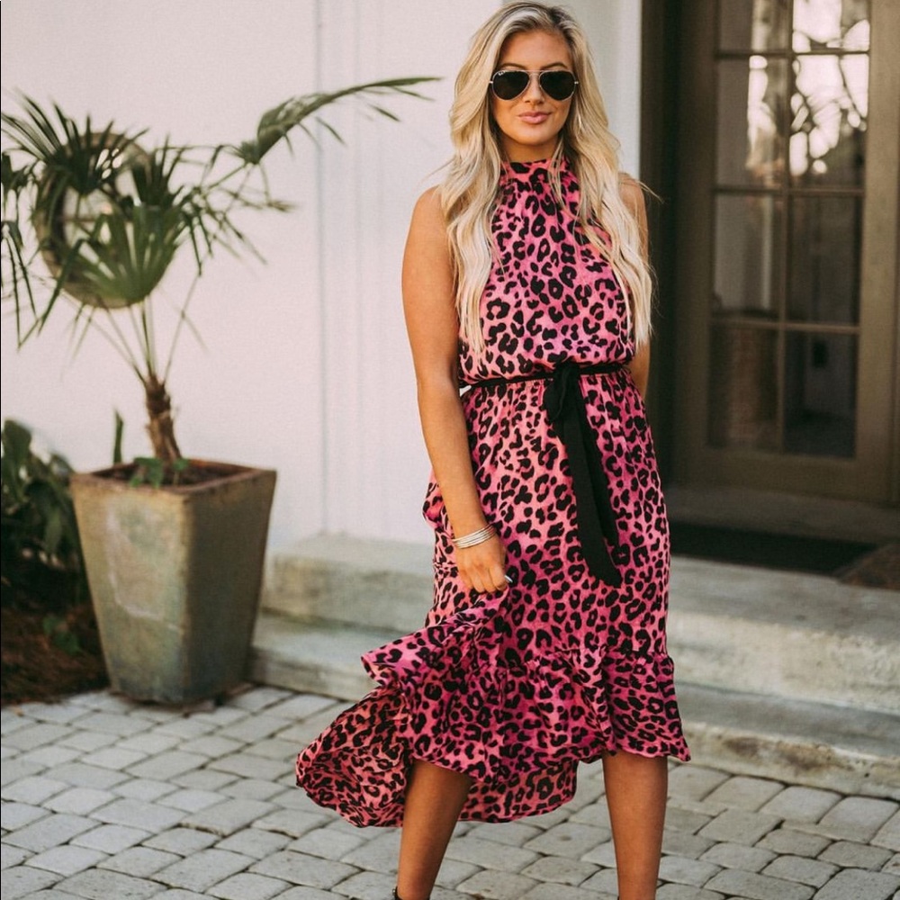 These Three Boutique Pink Leopard High Low Halter Dress